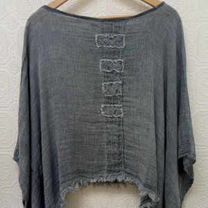 Tina Stephens Grey Linen Cotton Blend Wide Neck Poncho Blouse Top Size One Size